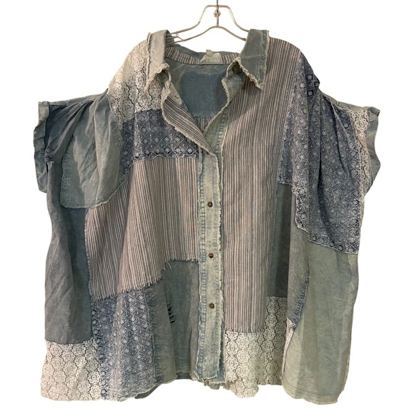 Oli & Hali Tops - Oli & Hali Blue Patchwork Lace Oversized Button Down Shirt Boho Cottage Chic S/M